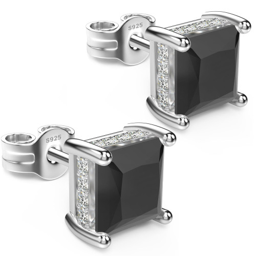 UNFAAR 18K White Gold Plated Sterling Silver Princess Cut Cubic Zirconia Stud Earrings Square CZ Diamond Stud Earrings for Women Men Hypoallergenic (7MM, Black)