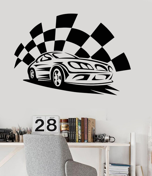 Large Vinyl Wall Decal Garage Sports Car Race Boys Room Stickers Mural (ig3340) White