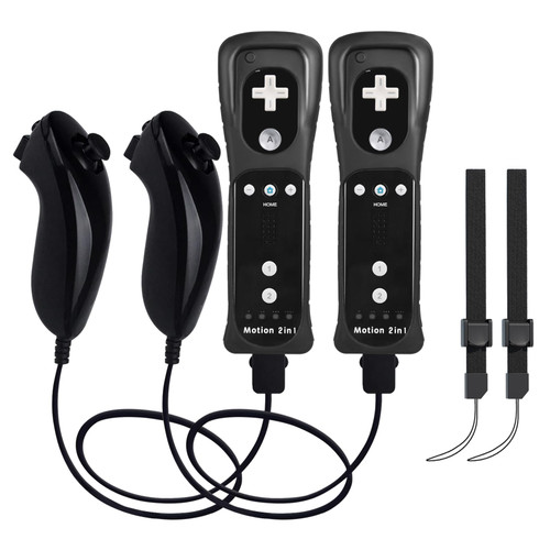 TechKen Wii Controller 2 Pack, Wii Motion Plus Controller with Nunchucks Wii Remote Controller Compatible with Nintendo Wii and Wii U, Built-in Motion Plus Wii Controller with Silicone Case and Wrist