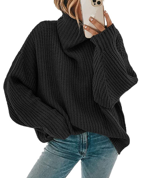 Apbondy Women's Sweater Fall Long Sleeve Turtleneck Casual Loose Chunky Knitted Pullover Sweater Jumper Tops Black S