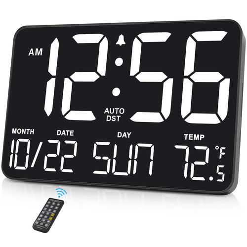 Soobest Digital Wall Clock Timer for Home Gym Workout?Large Display with Date Day of Week and Temperature, 6 Dimmer Auto DST Calendar Alarm Clock 12/24hr with Remote for Senior(White)