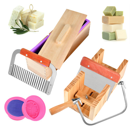 Worldity Soap Cutter -Silicone Silicone Soap Loaf Molds Wood Box- Handmade Flexible Rectangular Soap Molds for Soap Making- Stainless Steel Wavy & Straight Scraper for Soap Cake Making