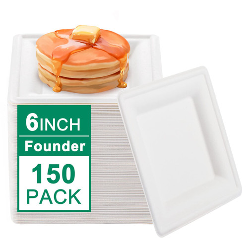 Morejoy 150PCS Compostable Paper Plates 6Inch,Heavy Duty Biodegradable Paper Plates,Eco Friendly Disposable Square Bagasse Plates,White 6Inch 100% Natural Sugarcane Plates for Party, BBQ,Picnic