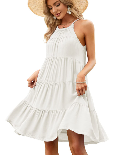 Zilcremo Women's Summer Sleeveless Halter Mini Dress Ruffle Tiered Flowy Swing Beach Dresses Sundress White S