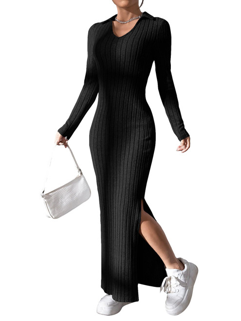 MakeMeChic Women's Collar Long Sleeve Ribbed Knit Split Bodycon Long Fall Dress Black S