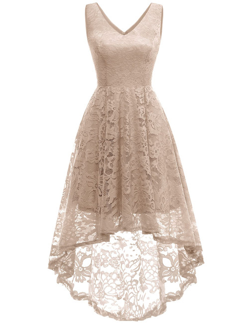 MUADRESS Women's Elegant Floral Lace Dress Sleeveless V-Neck Hi-Lo Cocktail Dress for Evening Party Champagne L MUADRESS Women's Elegant Floral Lace Dress Sleeveless V-Neck Hi-Lo Cocktail Dress for Evening Party Champagne L