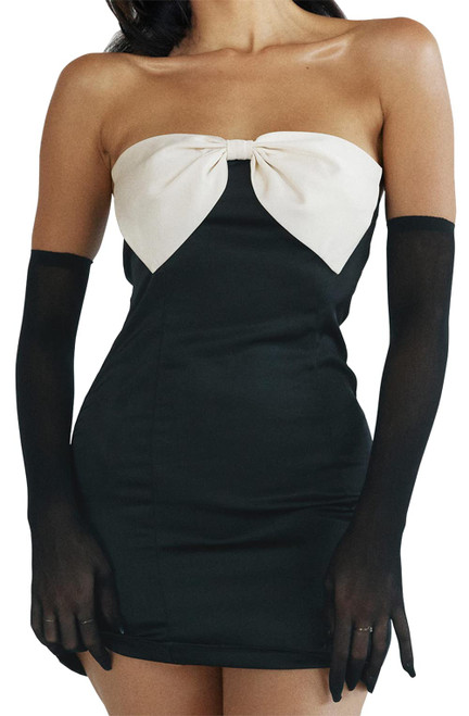 Cantonwalker Womens Satin Strapless Bow Tie Stretch Bodycon Party Mini Dresses 0282 (S, Black-4)