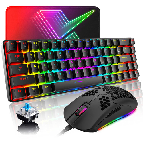 Compact 60% Mechanical Gaming Keyboard and Mouse Combo with Ergonomic Anti-ghosting 68 Key Rainbow RGB Backlight 6400DPI Honeycomb Mice Type-C Wired for PC Mac Gamer Office Typist(Black/Blue Switch)