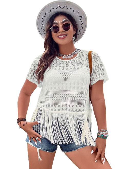SOLY HUX Women's Plus Size Sheer Lace Fringe Hem Short Sleeve Tee Summer T Shirt Top Plain Apricot 1XL SOLY HUX Women's Plus Size Sheer Lace Fringe Hem Short Sleeve Tee Summer T Shirt Top Plain Apricot 1XL