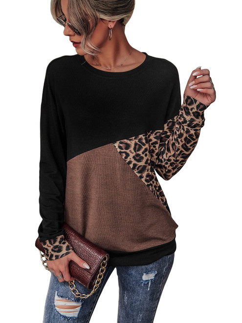 SOLY HUX Women's Casual Long Sleeve Color Block Leopard Print T Shirts Multicoloured L