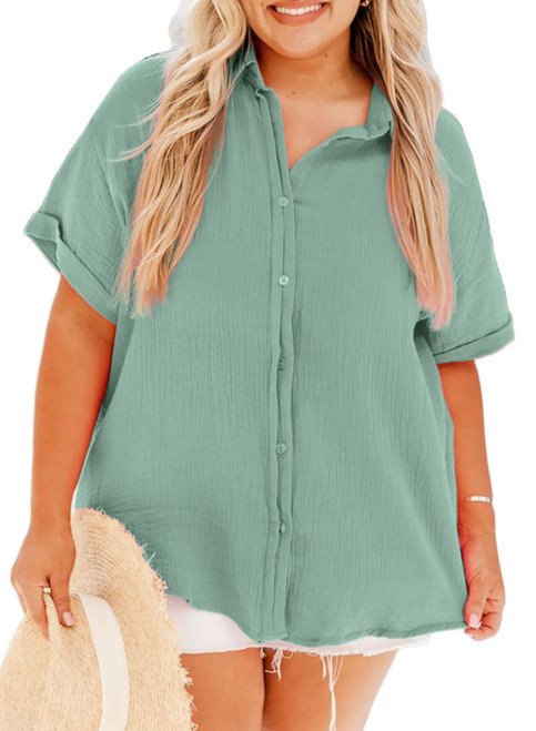 Eytino Women Plus Size Linen Shirts V Neck Roll Up Short Sleeve Button Down Loose Casual Blouse Tops,3X Green