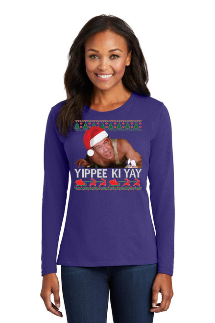 Yippee Ki Yay Nakatomi Ugly Christmas Womens Long Sleeves, Purple, 2XL
