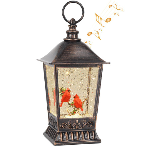 Cardinal Christmas Snow Globe, 11 Inch Musical Snow Globe Lantern, 6H Timer Lighted Christmas Snow Lantern, USB and Battery Operated Lantern, Christmas Decoration for Holiday Season Home Decor.