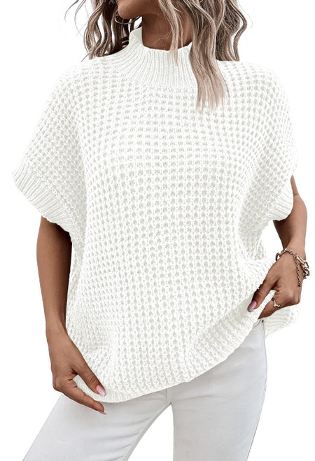 Viottiset Women's Oversized Batwing Sleeve Mock Neck Sweater Vest Sleeveless Pullover Knit Sweaters White M
