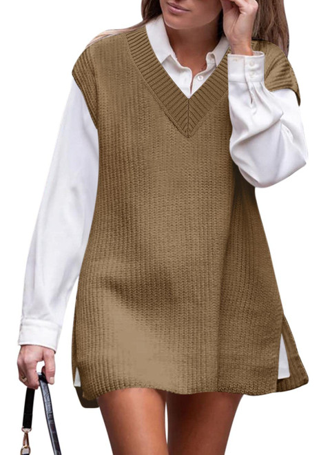 DEEP SELF V Neck Sweater Vest Oversized Sleeveless Sweater Pullover Fall Knitted Tops for Women Khaki