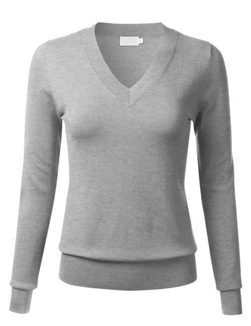 FLORIA Women's Soft Basic Thick V-Neck Pullover Long Sleeve Knit Sweater HEATHERGREY S