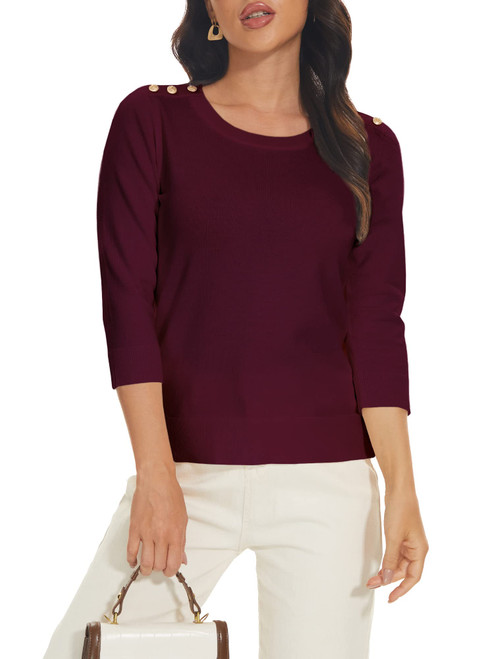 Spicy Sandia Women's 3/4 Sleeve Crew Neck Pullover Sweaters Lightweight Dressy Casual Knit Tops Fall (Wine,L)