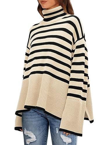 LILLUSORY Women's Striped Oversized Turtleneck Sweaters Knit Tunic Pullover Sweater Top Winter Clothes 2023 Fall