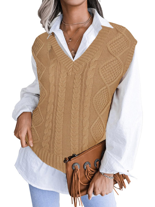 INKOFF Women's Sweater Vest Oversized Sleeveless V Neck Cable Pullover Knit Tank Top M