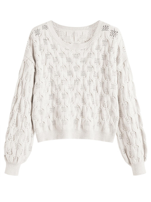 ZAFUL Women's Pullover Sweater Crochet Cable Knit Cropped Sweaters 2023 Fall Long Sleeve Hollow Out Casual Cute Jumper Tops White