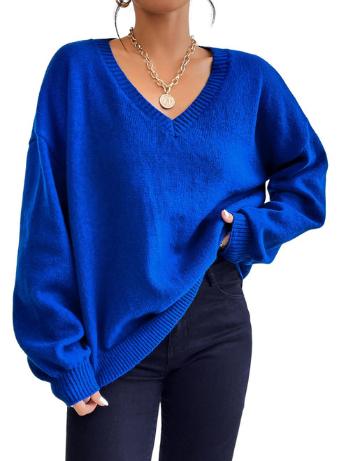 Verdusa Women's Casual Drop Shoulder Long Sleeve Sweater V Neck Pullovers Knit Top Royal Blue M