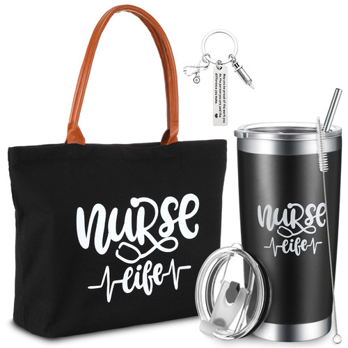 Silkfly 3 Pcs Nurse Gifts Nurse Tote Bag Nursing Gift Stainless Steel Tumbler Nurse Keychain Nurse Appreciation Gifts Nurse Week Thank You Gift for Nurse Student Christmas