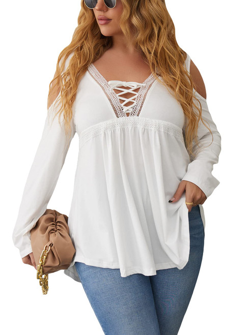 Floerns Women's Plus Size Cold Shoulder Long Sleeve Lace Up Ruffle Hem Tee Shirt White 1XL