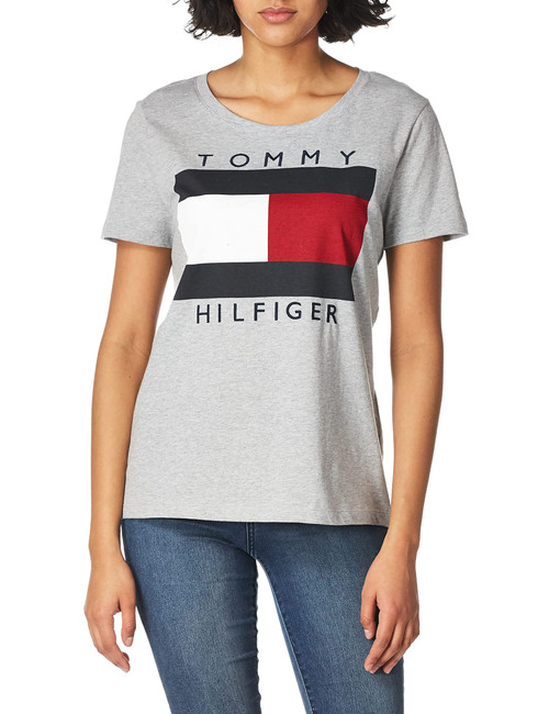 Tommy Hilfiger Women's Classic Short Sleeve Crew Neck Logo T-Shirt, Soft Heather Grey, Large