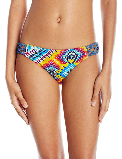 Jessica Simpson Women's Surfside Tye Dye Side Braided Hipster Bikini Bottom, White, L
