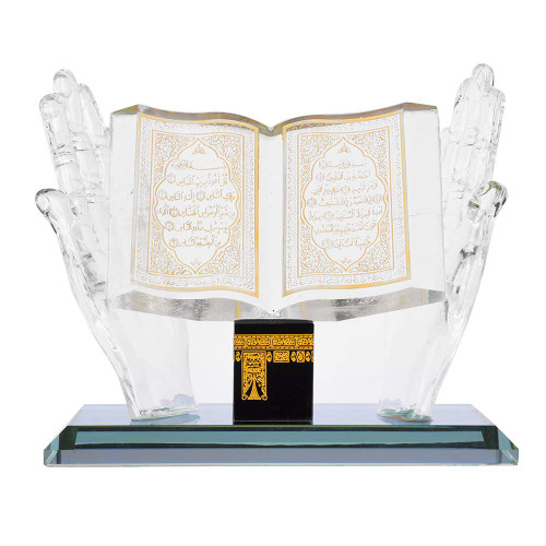 Muslim Crystal Ornament, Crystal Gilded Kaaba Hand Holding Book Model Muslim Crystal Collectible Figurines Islamic Building Handicrafts Souvenirs Car Decor