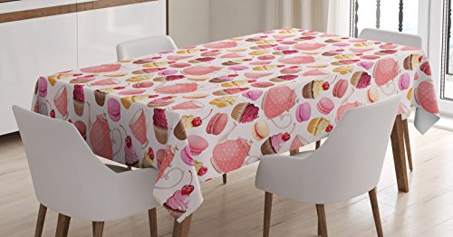 Ambesonne Kitchen Tablecloth, Teaparty with Cupcakes Macarons Teapot and Cups Cherries Berries Polka Dots, Dining Room Kitchen Rectangular Table Cover, 52W X 70L inches, Pink Cream Brown