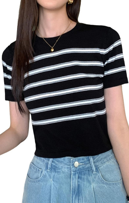 Floerns Women's Striped Print Short Sleeve Rib Knitted Casual Crop Top Tee Black and White M