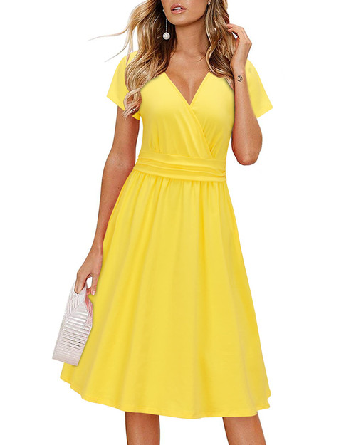 Newshows Women's Summer Short Sleeve V-Neck Faux Wrap Casual Midi Dress with Pockets(Yellow,Medium)