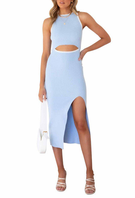 AOHITE Women's Summer Sleeveless Cutout Bodycon Midi Dress Crew Neck Slit Ribbed Knit Tank Top Long Dress Light Blue M