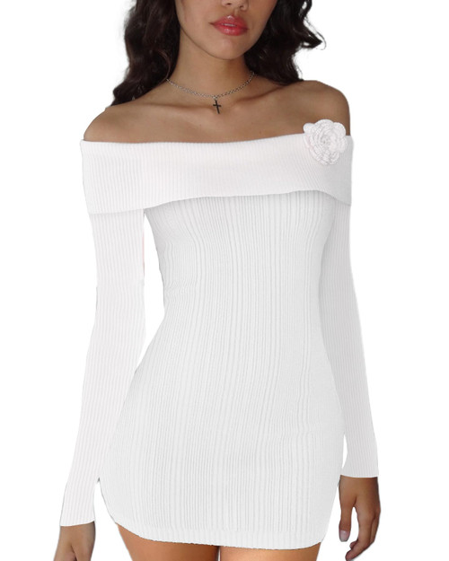 Women Off Shoulder Flower Sweater Dress Y2K Long Sleeve Knit Pullover Mini Dress Bodycon Short Dresses Aesthetic Clothes(Floral White,M