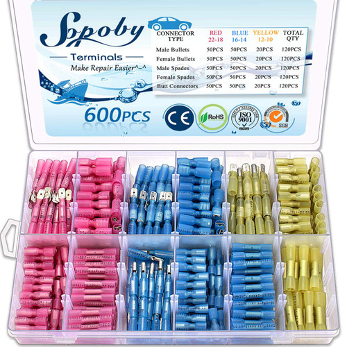 600PCS Heat Shrink Connectors - Sopoby Butt Connectors & Spade Connectors & Bullet Connectors - Electrical Wire Crimp Connectors - Insulated Automotive Marine Wire Terminal Kit