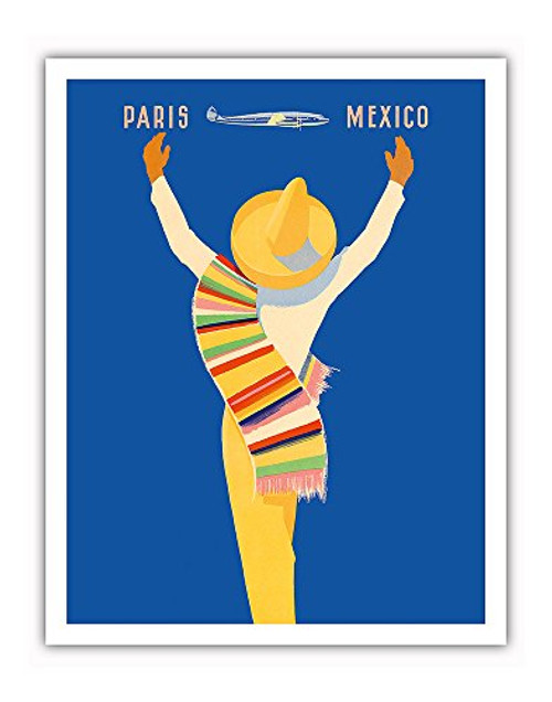 Pacifica Island Art Paris, France - Mexico - Native Mexican in Sombrero and Poncho - Vintage Airline Travel Poster by Edmond Maurus c.1950s - Fine Art Print - 11in x 14in