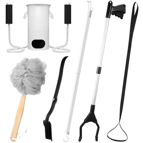 Mumufy 6 Pcs Total Hip Kit with Leg Lifter Hip Back Knee Replacement Recovery Aids for Seniors Pregnant, 32" Foldable Reacher Grabber Sock Assistant Device Shoe Horn Dressing Stick Bath Sponge