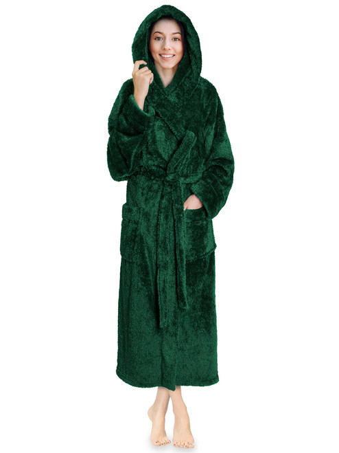 PAVILIA Women Hooded Plush Soft Robe | Fluffy Warm Fleece Sherpa Shaggy Bathrobe (S/M, Green)