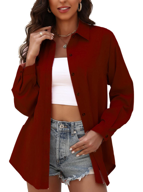 KYLELOVE Work Shirts for Women Long Sleeve Button Up Shirts Summer Blouses Business Office Outfits Wine Red XX-Large
