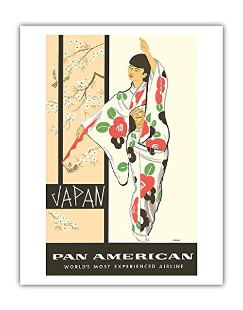 Japan - Japanese Geisha Dancer in Kimono - Pan American World Airways - Vintage Airline Travel Poster by A. Amspoker c.1950s - Fine Art Print - 11in x 14in Japan - Japanese Geisha Dancer in Kimono - Pan American World Airways - Vintage Airline Travel Poster by A. Amspoker c.1950s - Fine Art Print - 11in x 14in