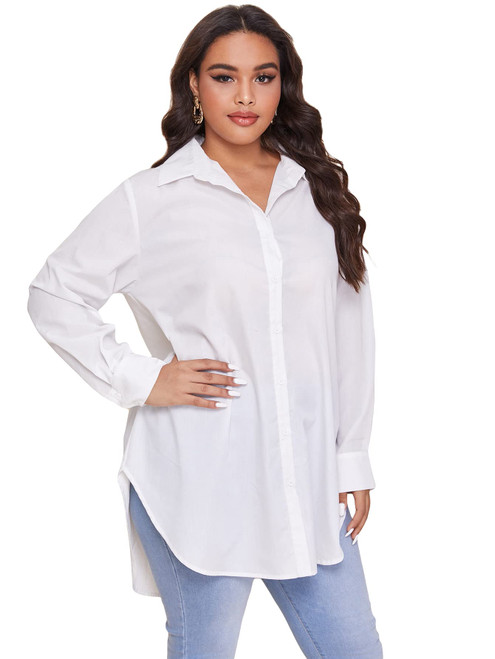 WDIRARA Women's Plus Size Button Up Long Sleeve Curve Hem Office Shirt Work Blouse Top White 1XL