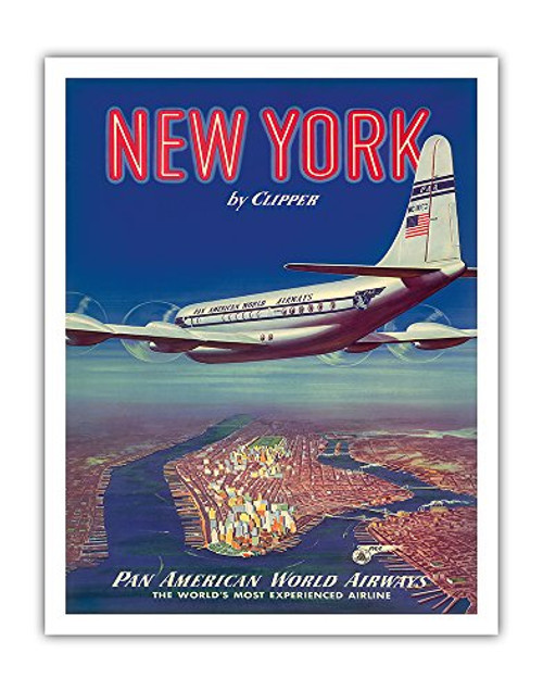 New York USA by Clipper - Boeing 377 over Manhattan Island - Pan American World Airways - Vintage Airline Travel Poster c.1950 - Fine Art Print - 11in x 14in New York USA by Clipper - Boeing 377 over Manhattan Island - Pan American World Airways - Vintage Airline Travel Poster c.1950 - Fine Art Print - 11in x 14in