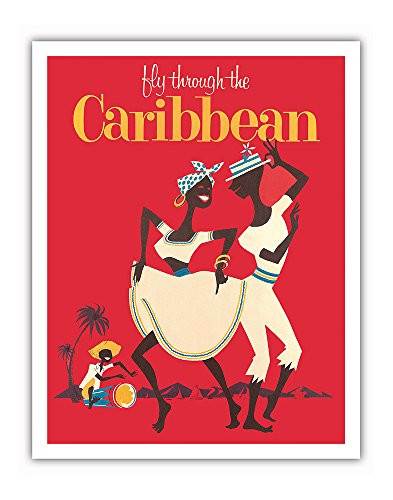 Pacifica Island Art Fly through the Caribbean - Calypso Dancers and Conga Drummer - Vintage Airline Travel Poster c.1958 - Fine Art Print - 11in x 14in