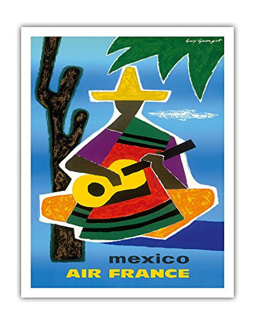 Pacifica Island Art Mexico - France - Mexican Guitar Player in Sombrero and Pancho - Vintage Airline Travel Poster by Guy Georget c.1963 - Fine Art Print - 11in x 14in Pacifica Island Art Mexico - France - Mexican Guitar Player in Sombrero and Pancho - Vintage Airline Travel Poster by Guy Georget c.1963 - Fine Art Print - 11in x 14in