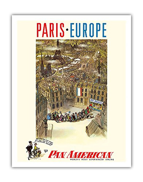 Paris - Europe - via Pan American World Airways - Eet mus be a very marvelous Airline! - Vintage Airline Travel Poster by Prescott c.1950s - Fine Art Print - 11in x 14in Paris - Europe - via Pan American World Airways - Eet mus be a very marvelous Airline! - Vintage Airline Travel Poster by Prescott c.1950s - Fine Art Print - 11in x 14in