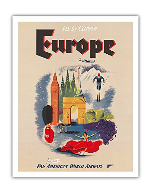 Europe - Fly by Clipper - Pan American World Airways - Vintage Airline Travel Poster c.1950s - Fine Art Print - 11in x 14in Europe - Fly by Clipper - Pan American World Airways - Vintage Airline Travel Poster c.1950s - Fine Art Print - 11in x 14in