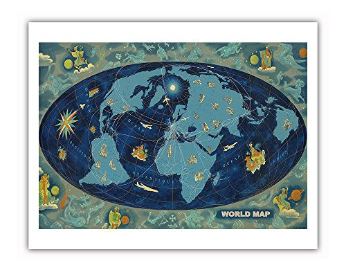 Pacifica Island Art World Map - Global World Route Map - Planisphere - Vintage Airline Travel Poster by Lucien Boucher c.1959 - Fine Art Print - 11in x 14in Pacifica Island Art World Map - Global World Route Map - Planisphere - Vintage Airline Travel Poster by Lucien Boucher c.1959 - Fine Art Print - 11in x 14in