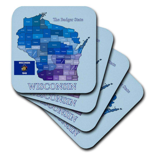 3dRose Flag and County map of Wisconsin with state name and nickname - Ceramic Tile Coasters, set of 4