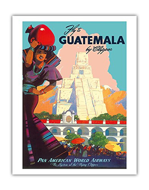 Guatemala by Clipper - Pan American World Airways - Tikal Mayan PAN AM - Vintage Airline Travel Poster by Mark Von Arenburg c.1949 - Fine Art Print - 11in x 14in Guatemala by Clipper - Pan American World Airways - Tikal Mayan PAN AM - Vintage Airline Travel Poster by Mark Von Arenburg c.1949 - Fine Art Print - 11in x 14in